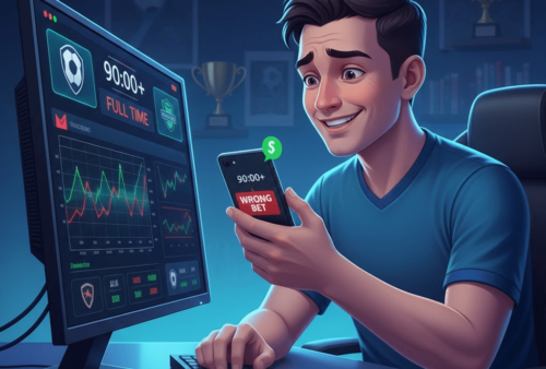 Ilustrasi pemain live bola Dewiku88 sedang melihat taruhan di smartphone dengan grafik pertandingan di layar komputer, menunjukkan emosi tegang saat salah taruhan.