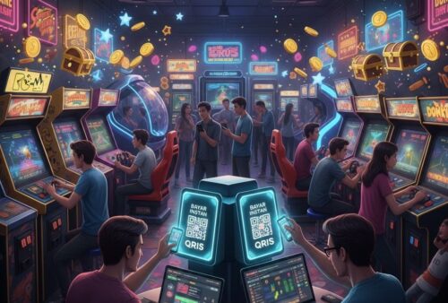 Ilustrasi Arcade Games Favorit Pemain Lama dan Dewiku88 Login, menampilkan QRIS deposit, slot, dan live arcade games