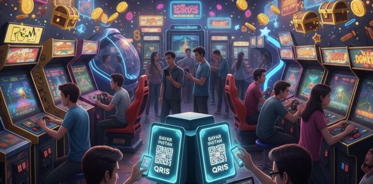 Ilustrasi Arcade Games Favorit Pemain Lama dan Dewiku88 Login, menampilkan QRIS deposit, slot, dan live arcade games