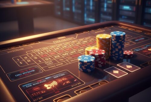 Ilustrasi permainan casino online dengan chip dan kartu premium