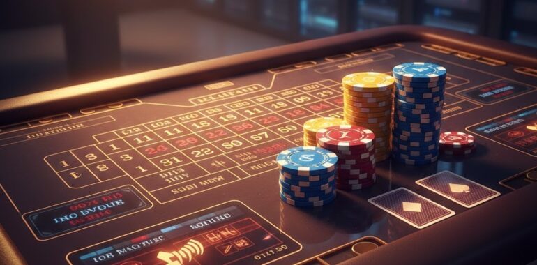 Ilustrasi permainan casino online dengan chip dan kartu premium