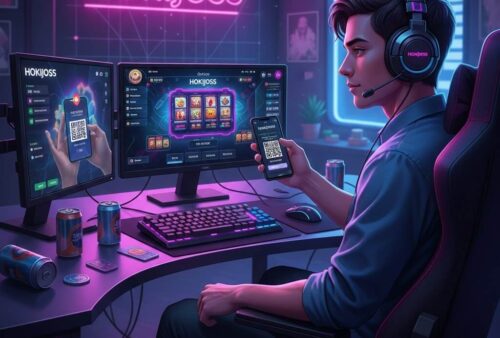 Pemain bermain game online di Hokijoss dengan deposit QRIS di smartphone dan PC