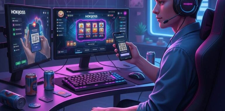 Pemain bermain game online di Hokijoss dengan deposit QRIS di smartphone dan PC