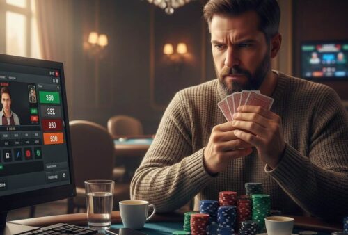 Pemain poker online fokus di meja taruhan, ekspresi serius, kartu dan chip terlihat jelas, strategi HOKIJOSS